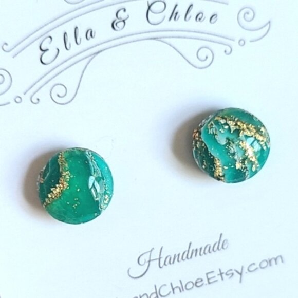 Emerald Green Boho Gold Gemstone Agate Round Mini Circle Resin Stud Earrings - Picture 1 of 4